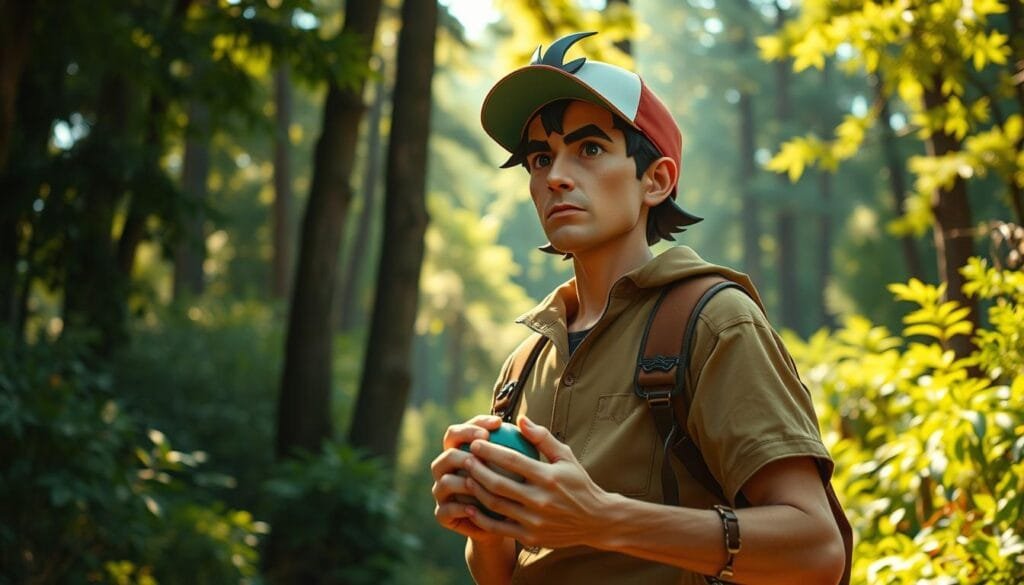 A mature, 40-year-old Ash Ketchum stands in a serene forest clearing, his once youthful features now weathered by time and experience. Donning a well-worn Pokémon trainer's outfit, he holds a Poké Ball in his calloused hands, his gaze fixed on the horizon with a contemplative expression. Warm, natural lighting filters through the lush canopy above, casting a golden glow on his face and the surrounding vegetation. The scene evokes a sense of nostalgia and the passage of time, as Ash reflects on his lifelong journey as a Pokémon Master.