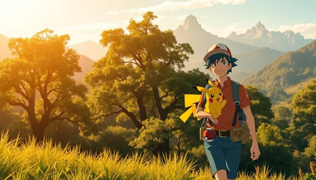 A mature Ash Ketchum, now in his 40s, embarks on a new chapter of Pokémon adventures. He traverses lush, verdant landscapes, his experienced Pikachu by his side. In the foreground, Ash confidently strides, his Poké Balls clipped to his belt, ready to face any challenge. The middle ground reveals towering, ancient trees casting dappled shadows, hinting at the untamed wilderness he explores. In the distant background, majestic mountain peaks pierce the horizon, evoking a sense of epic scale and the boundless possibilities that await this seasoned Pokémon Master. Warm, golden hues bathe the scene, imbuing it with a nostalgic, reflective atmosphere as Ash embarks on the next phase of his lifelong Pokémon journey.
