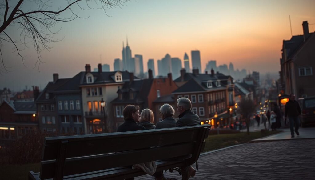 A melancholic cityscape at dusk, bathed in a warm, nostalgic glow. In the foreground, a group of people gathered around a old, weathered park bench, engaged in sentimental conversation, their faces etched with a bittersweet longing for the past. The middle ground features a quaint, cobblestone street lined with charming, historic buildings, their facades softened by the fading light. In the distance, a hazy skyline of towering skyscrapers, a juxtaposition of old and new, symbolizing the passage of time and the complex relationship between progress and nostalgia. The overall atmosphere evokes a sense of wistful contemplation, a visual representation of the emotional and social impact of nostalgia.