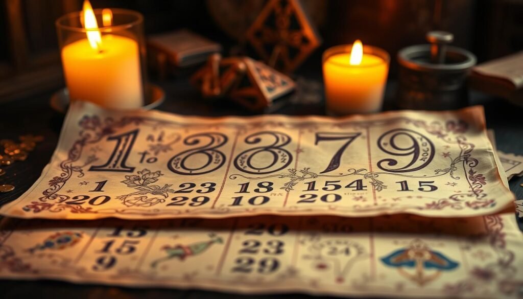 A meticulously designed, hand-drawn set of lucky numbers on an antique parchment, illuminated by warm candlelight and a subtle glow of mysticism. The numbers are intricately woven with delicate floral patterns, hints of astrological symbols, and a touch of gilded embellishments. The overall composition conveys a sense of reverence and the belief that these numbers hold a special, almost talismanic power. The scene is captured with a shallow depth of field, placing the focal point on the parchment and creating a sense of intimacy and exclusivity around this esoteric knowledge.