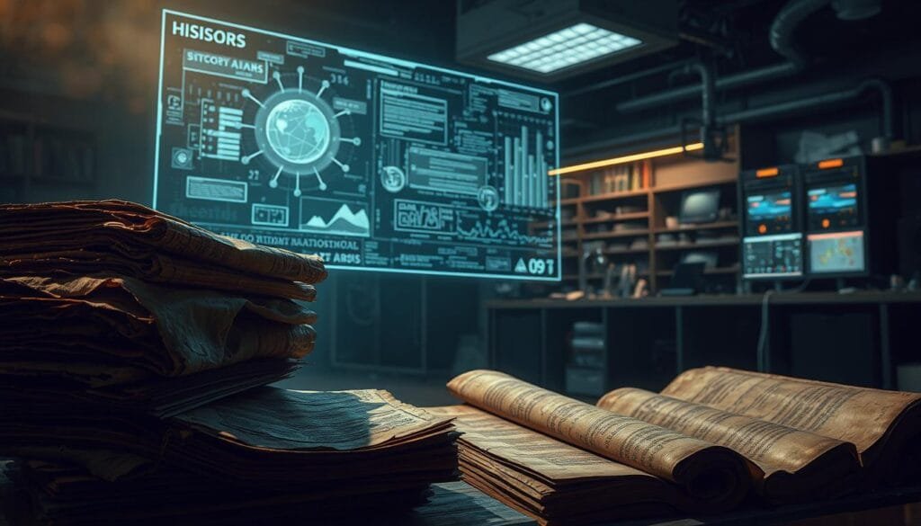 A meticulously detailed digital painting depicting an AI-driven historical analysis. In the foreground, a stack of old tattered books and scrolls, evoking the weight of the past. In the middle ground, a futuristic holographic interface displays complex data visualizations, algorithms crunching through vast archives. In the background, a dimly lit research lab, filled with cutting-edge technology - servers, screens, and scientific instruments. Dramatic lighting casts long shadows, creating an atmosphere of intense contemplation and discovery. The overall mood is one of intellectual rigor, uncovering hidden truths from the annals of history through the lens of advanced artificial intelligence.