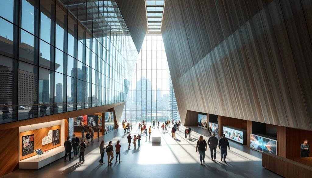 A modern cultural center stands tall, its sleek, glass-clad facade reflecting the vibrant city skyline. Sunlight pours through expansive windows, illuminating the airy, minimalist interior. Visitors meander through the open-plan galleries, admiring cutting-edge art installations and interactive digital displays. The building's angular, geometric design creates a sense of dynamism and forward-thinking, complementing the progressive nature of the cultural programs within. Strategically placed spotlights and directional lighting accentuate the architectural details, while the use of natural materials, such as wood and stone, lends a sense of warmth and timelessness. This is a hub of creativity and intellectual discourse, a testament to the enduring spirit of the ancient Library of Alexandria.