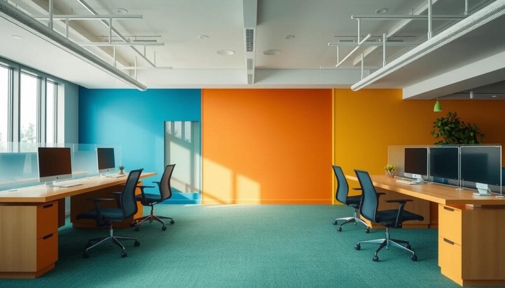 A modern, minimalist office space with vibrant color schemes strategically applied to different work zones. Warm tones like terracotta and mustard yellow in the foreground create an inviting and energetic atmosphere, while cool blues and greens in the middle ground provide a sense of focus and productivity. The background features a palette of neutral greys and whites, allowing the pops of color to take center stage. Soft, diffused lighting illuminates the space, casting gentle shadows and highlighting the textural elements. The composition emphasizes the harmonious balance between color, space, and functionality, presenting practical strategies for incorporating psychology of color into the workplace.