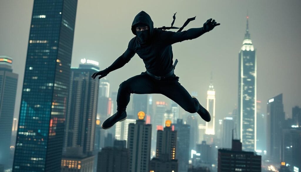 A modern ninja, clad in a sleek black bodysuit, gracefully leaps across a bustling city skyline. Neon lights and towering skyscrapers form the dynamic backdrop, blending ancient martial arts with contemporary urban aesthetics. The ninja's movements are fluid and precise, reflecting the union of traditional stealth techniques and technological advancements. Soft shadows and dramatic lighting heighten the sense of mystery and power, as the ninja navigates the ever-evolving landscape of modern espionage and cultural influence.
