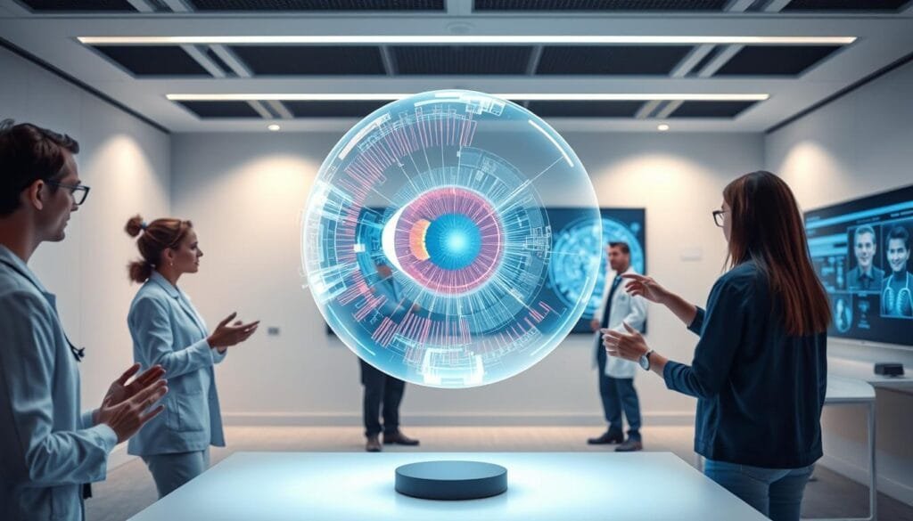 A modern ophthalmology classroom illuminated by soft, diffuse lighting. In the foreground, a virtual holographic model of the human eye hovers, its intricate anatomy and structures displayed in vivid detail. Medical students gather around, interactively manipulating the projection with their hands, exploring the eye's inner workings. In the middle ground, a professor gestures towards a large augmented reality display, guiding the class through a detailed lesson. The background shows a sleek, minimalist environment with clean lines and neutral tones, creating a sense of clinical precision and technological advancement. The overall scene conveys a immersive, cutting-edge approach to ophthalmological education, facilitated by the seamless integration of augmented reality.