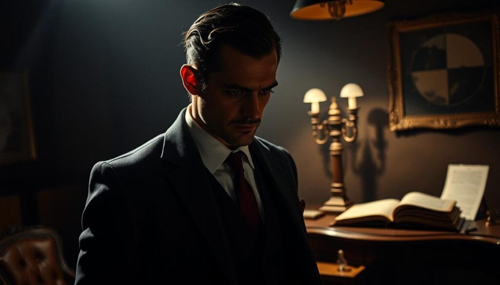 A modern, sociopathic genius detective stands in a dimly lit study, lost in deep contemplation. His piercing gaze reflects the complex workings of his razor-sharp mind. Atmospheric lighting casts dramatic shadows, emphasizing the detective's intense focus and analytical prowess. The intricate details of his tailored suit and the vintage furnishings in the background suggest a sense of refined sophistication. An open case file and a chess board on the desk allude to his strategic thinking and deductive reasoning. The scene conveys a brooding, psychological atmosphere that encapsulates the influence of the "sociopathic genius" archetype on the current perception of the modern detective.
