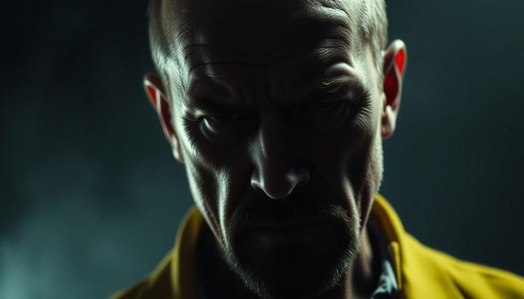 A moody, cinematic portrait of Walter White from Breaking Bad, captured in a moment of deep ethical dilemma. The subject is illuminated by dramatic, low-key lighting that casts strong shadows, creating an atmosphere of moral complexity and internal struggle. Walter's face is tense, brow furrowed, as he contemplates a difficult decision, caught between the roles of victim and villain. The background is hazy and indistinct, allowing the viewer to focus solely on the character's pensive expression and the weight of the ethical quandary he faces.