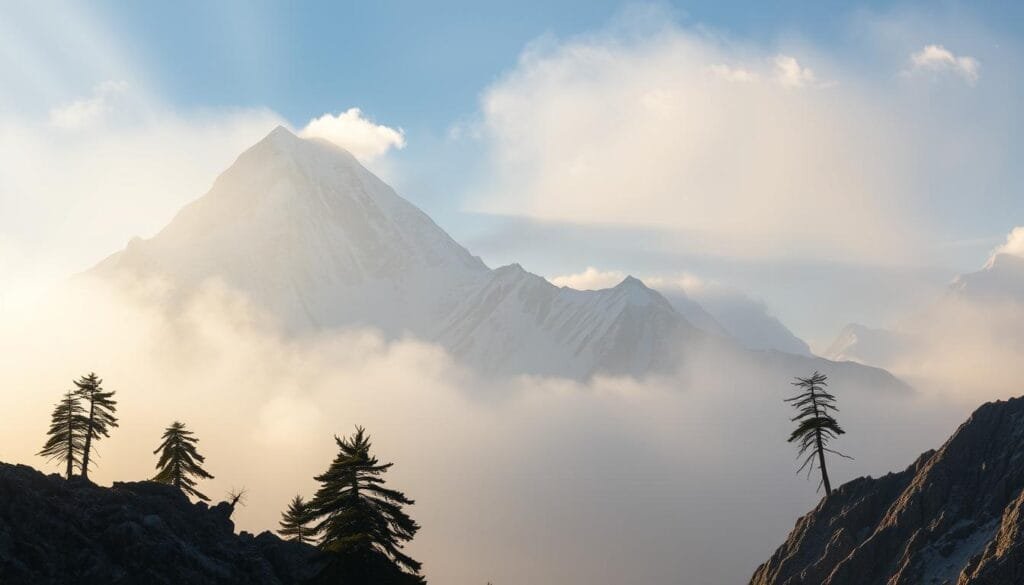 A mountainous landscape, shrouded in a dreamlike haze, depicting the extreme altitudes of an imagined Everest. Towering peaks, capped in pristine snow, rise majestically against a sky that fades from vibrant blue to misty, ethereal grays. Gnarled, wind-swept pines cling to the rocky slopes, conveying the arduous challenges of acclimatization. Glimmering shafts of light pierce the atmospheric veil, casting warm, golden tones on the rugged terrain. Wispy clouds drift lazily, hinting at the thin, oxygen-deprived air. The scene evokes a sense of awe and wonder, but also the immense physical toll that would be required to conquer such a formidable natural wonder.