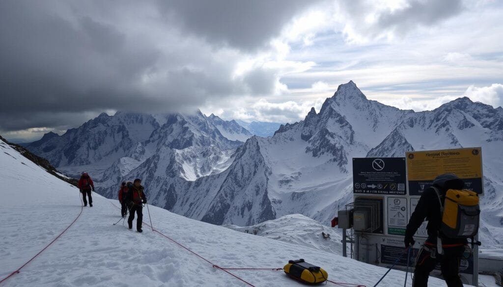 A mountainous landscape under a dramatic, stormy sky. In the foreground, a team of climbers navigate a perilous, snow-covered slope, wearing specialized high-altitude gear and securing safety lines. The middle ground features an array of technical equipment and signage, outlining safety protocols and rescue procedures. In the background, the towering, jagged peaks of an extremely high-altitude mountain range loom ominously, hinting at the extreme challenges faced by those who attempt to conquer such treacherous terrain. The scene conveys a sense of both the beauty and the danger inherent in extreme altitude exploration, underscoring the critical importance of robust safety measures and risk management.