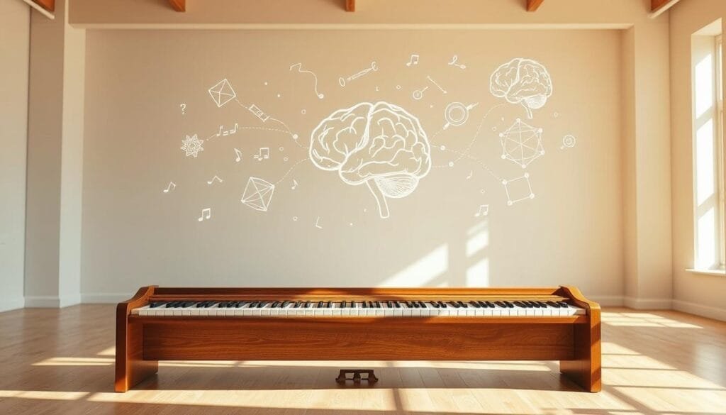 A musical instrument, a piano or guitar, situated in a well-lit, airy studio. The instrument is the focal point, surrounded by visual representations of cognitive development - shapes, equations, and neural pathways emanating from the instrument. The lighting is warm and natural, highlighting the organic textures of the wood and strings. The composition is balanced, with the instrument in the foreground and the cognitive elements in the middle and background, creating a harmonious interplay between the physical and the cerebral. The overall atmosphere conveys the idea of music as a tool for expanding the mind, fostering creativity, and enhancing cognitive abilities.