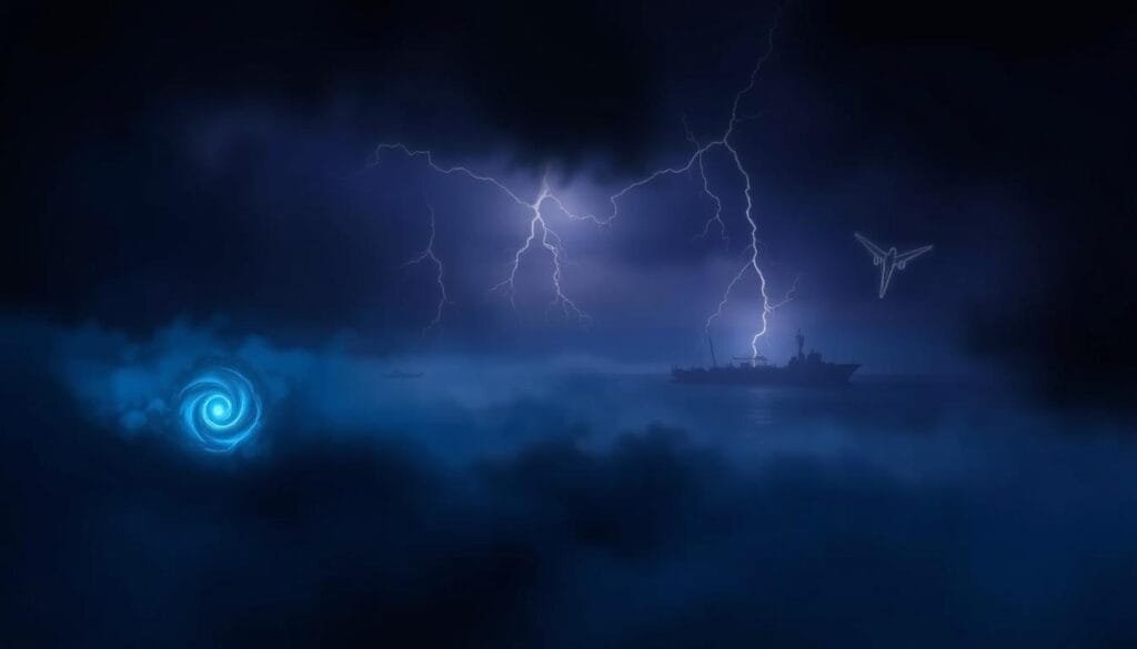 A mysterious and ethereal landscape depicting the theories surrounding the Bermuda Triangle. In the foreground, a dimly lit portal or vortex swirls, hinting at interdimensional forces at play. In the middle ground, silhouettes of ships and aircraft hover in an eerie, low-hanging mist, their fates uncertain. The background is shrouded in a deep, indigo-hued sky, with intermittent flashes of lightning illuminating the scene. The overall atmosphere is one of otherworldly tension and scientific curiosity, inviting the viewer to ponder the unsolved mysteries of this enigmatic region.
