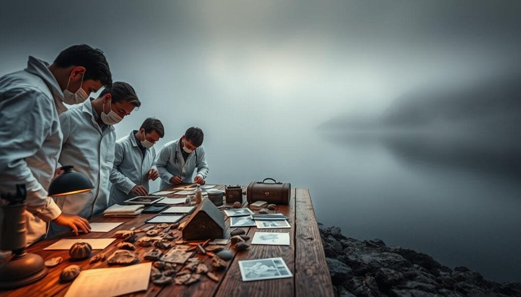 A mysterious lakeside scene with a team of researchers intently examining various pieces of evidence related to the fabled Loch Ness Monster. In the foreground, a group of scientists in white lab coats and protective gear carefully inspect a series of fossils, photographs, and other items spread out on a weathered wooden table. The middle ground features the vast, still waters of Loch Ness, shrouded in a thick, ethereal mist that casts an otherworldly atmosphere. In the distant background, the rugged, mist-enshrouded Scottish highlands rise up, adding to the sense of isolation and wonder. The lighting is a moody, atmospheric mix of soft, diffused natural light and warm artificial illumination from the researchers' work area, creating dramatic shadows and highlights. Captured with a wide-angle lens to convey a sense of scale and mystery.