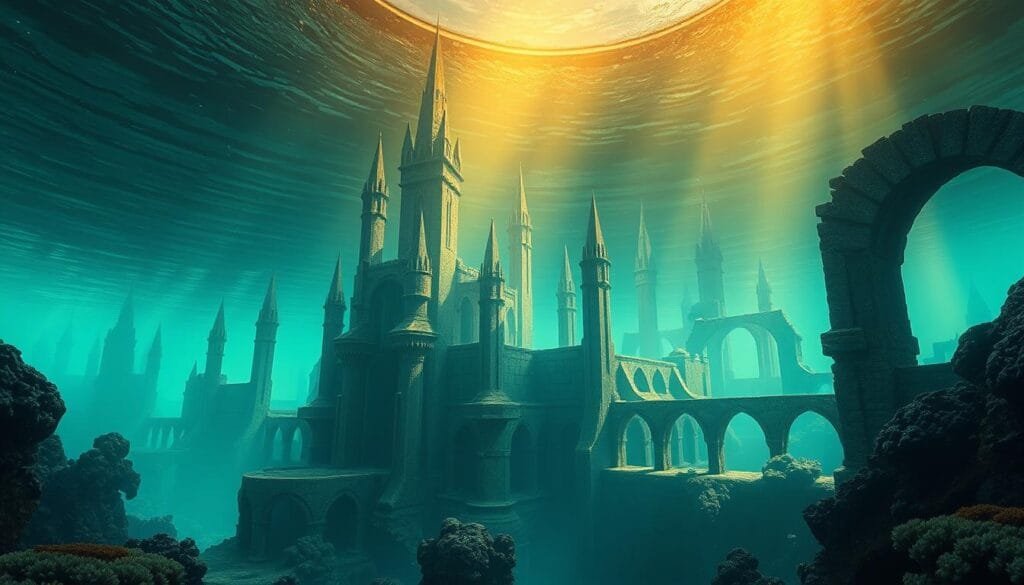 A mysterious, sunken metropolis emerges from the depths of the ocean, its ancient spires and towering structures shrouded in an ethereal, aquamarine haze. Coral-encrusted walls and weathered archways hint at a long-forgotten civilization, once thriving beneath the waves. Shafts of golden light pierce the murky waters, illuminating the intricate details of this submerged world, as if glimpsing a forgotten chapter of history. The scene evokes a sense of wonder and contemplation, inviting the viewer to ponder the mysteries of the deep and the enduring allure of the lost city of Atlantis.