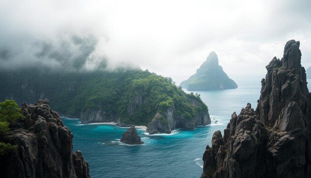 A mysterious tropical island emerges from the mist, its lush, verdant foliage shrouding hidden secrets. Towering cliffs plunge into azure waters, their craggy edges hinting at unexplored caves and forgotten ruins. Intriguing geological formations jut from the sea, their weathered surfaces whispering of ancient tectonic activity. Overhead, a soft, ethereal light filters through wispy clouds, creating an atmosphere of enchantment and discovery. In the distance, the silhouettes of other undiscovered isles beckon, their existence a tantalizing mystery waiting to be unraveled. This is a realm of the forgotten, where the boundaries of the known world blur and the imagination takes flight.