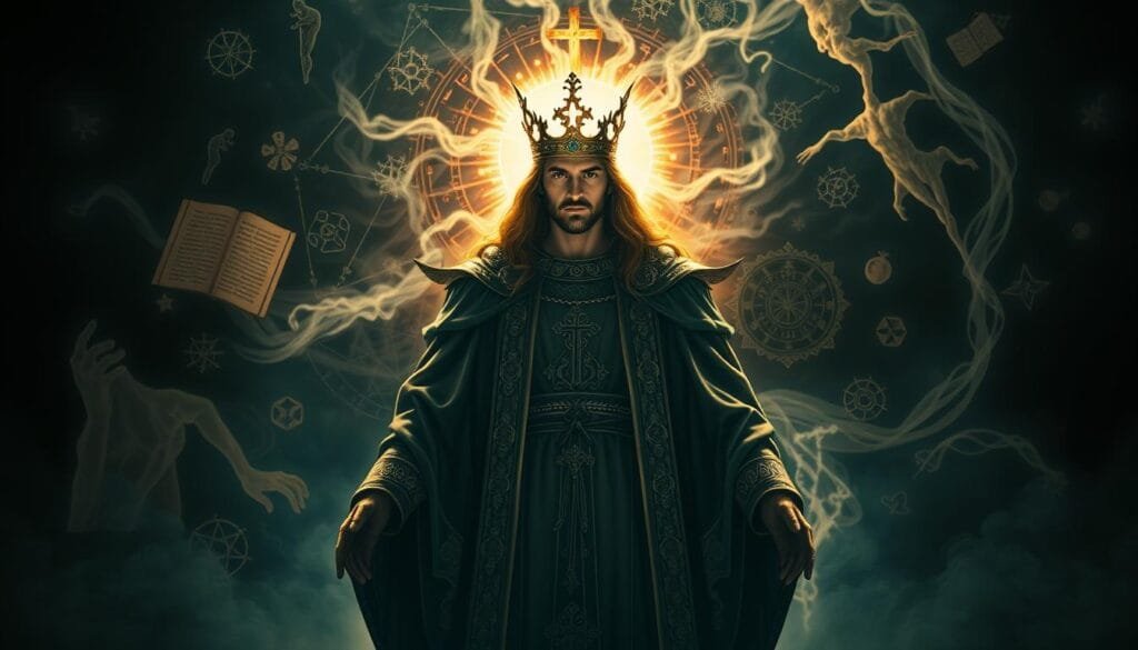 A mystical figure stands at the center, adorned in ornate robes and a crown of light, their gaze piercing the viewer. Swirling around them, symbolic imagery - ancient texts, celestial patterns, and ghostly silhouettes - representing the profound cultural and spiritual impact of the "Chosen One" archetype. Dramatic lighting casts dramatic shadows, creating an air of reverence and destiny. The composition is balanced, with the central figure commanding attention, yet surrounded by the complex web of meanings that this trope has woven into human storytelling. An atmosphere of wonder, prophecy, and the weight of responsibility permeates the scene.