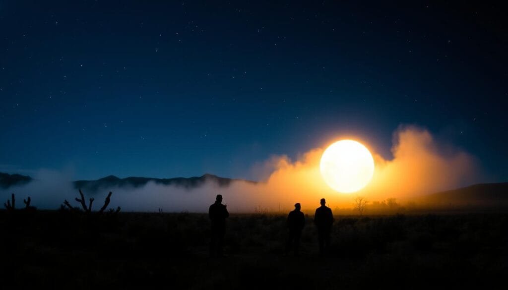 A nighttime desert landscape in Taos, New Mexico. In the foreground, a glowing, hazy orb hovers ominously, its low-frequency vibrations pulsing through the air. Silhouetted figures stand transfixed, captivated by the mysterious sound. The middle ground is obscured by a thick, shimmering haze, while the distant mountains fade into a starry, indigo sky. The scene is bathed in an eerie, otherworldly glow, capturing the uncanny essence of the Taos Hum phenomenon.