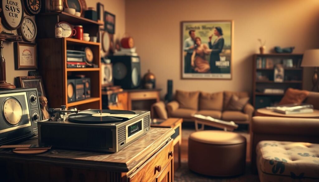 A nostalgic cultural scene, bathed in warm, golden lighting. In the foreground, a vintage phonograph player sits atop a weathered wooden cabinet, its turntable spinning a vinyl record. Surrounding it, an array of retro-styled electronics and knick-knacks, each with a story to tell. In the middle ground, a cozy living room setting, with plush, mid-century furniture and a large, framed poster on the wall depicting a bygone era. The background fades into a soft, dreamlike haze, evoking a sense of longing for a simpler time. The overall atmosphere is one of wistful reflection, inviting the viewer to pause and immerse themselves in the comforting embrace of a nostalgic cultural experience.