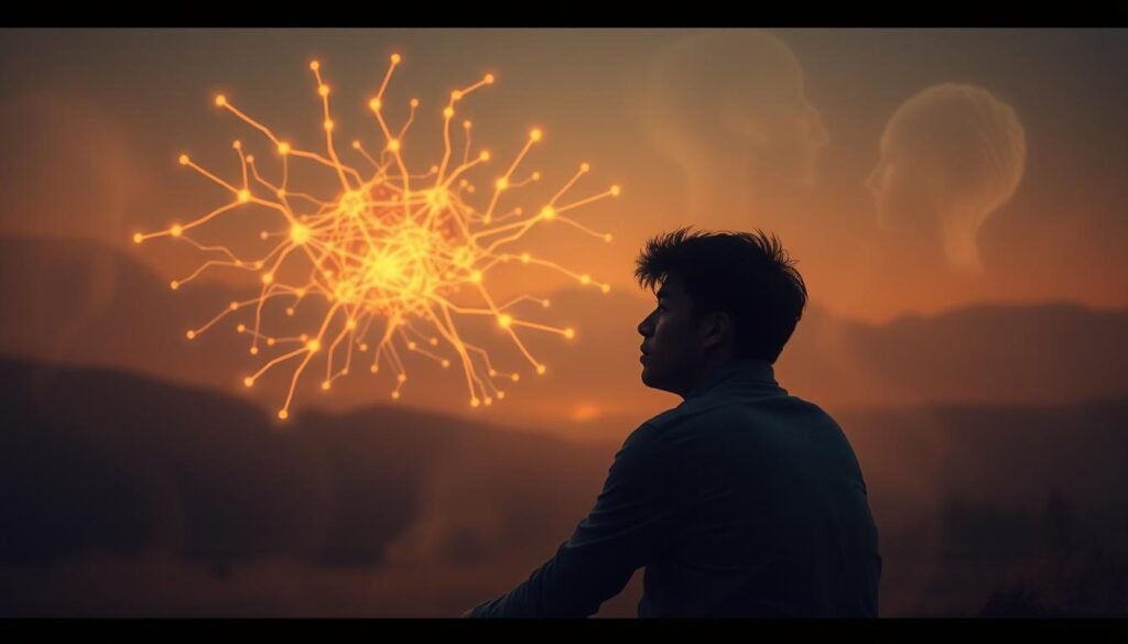 A nostalgic, introspective scene exploring the neuroscience of memories. In the foreground, a pensive figure sits amid a soft, hazy ambiance, their expression reflecting a thoughtful, wistful mood. The middle ground features an abstract neural network, its synapses and pathways glowing with a warm, ethereal luminescence, symbolizing the complex inner workings of the brain. In the background, a dreamlike landscape unfolds, with distant memories and emotions manifesting as wispy, translucent forms. Warm, muted tones and a depth of field that gently blurs the peripherals create a sense of introspection and contemplation. Realistic, high-resolution, cinematic lighting and composition.