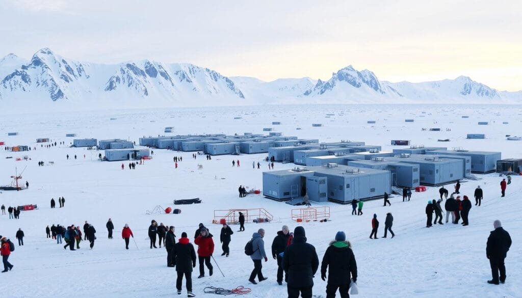 A panoramic view of a bustling Antarctic research station, nestled amidst a stark, icy landscape. In the foreground, scientists and support staff go about their daily tasks, bundled in heavy parkas and windproof gear. The middle ground features a cluster of modular living quarters, their metallic exteriors reflecting the muted hues of the surrounding snow and glaciers. In the background, towering mountains of ice and snow stretch out towards the horizon, illuminated by a soft, diffused light that lends an ethereal quality to the scene. The overall atmosphere conveys a sense of resilience, community, and the triumph of human ingenuity in the face of one of the most inhospitable environments on Earth.
