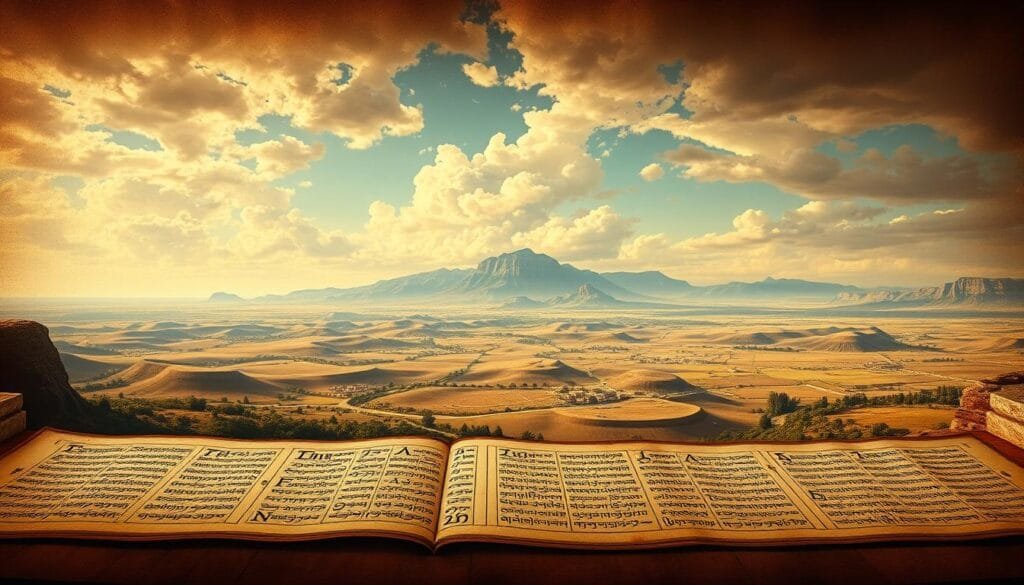 A panoramic view of the ancient language evolution, captured in a classical painting style. In the foreground, an intricate script unfurls, revealing the complex glyphs and symbols of a lost tongue. The middle ground showcases a tiered timeline, with ancient scripts transitioning into their modern counterparts, a visual representation of linguistic transformation. In the background, a majestic landscape sets the stage, a tapestry of rolling hills, towering mountains, and a vibrant sky, suggesting the vast cultural and geographical context that shaped the evolution of these forgotten languages. The lighting is warm and muted, evoking a sense of timeless elegance, while the perspective creates a sense of depth and grandeur befitting the historical significance of the subject matter.