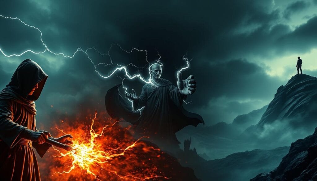 A panoramic view of the historical evolution of dark abilities, depicting a succession of powerful sorcerers throughout the ages. In the foreground, an ancient hooded figure wielding a glowing staff summons arcane energies, their face obscured in shadow. In the middle ground, a robed mage unleashes bolts of dark lightning, surrounded by a swirling maelstrom of mystical forces. In the distant background, a towering silhouette of a dark lord stands atop a craggy mountain, their outstretched hand radiating an aura of pure malevolence. Dramatic chiaroscuro lighting casts dramatic shadows, heightening the sense of mystery and foreboding. Rendered in a realistic, cinematic style with a sense of timeless grandeur.