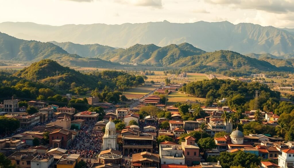 A panoramic vista of Central America in the 20th century, showcasing the demographic differences that shaped the region. In the foreground, a bustling urban center with diverse populations interacting, contrasted by the rural landscapes in the middle ground, where indigenous communities maintain traditional ways of life. The background depicts the varied topography, from lush tropical forests to rugged mountain ranges, reflecting the geographic diversity of Central America. The scene is bathed in warm, golden light, evoking a sense of timelessness and the rich cultural heritage of the region. The image conveys the complex social and demographic dynamics that defined Central America during this pivotal period.