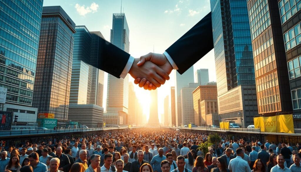 A panoramic vista of a bustling global metropolis, with towering skyscrapers and gleaming glass facades. In the foreground, two world leaders shake hands, symbolizing international cooperation and the forging of strategic alliances. Beneath them, a diverse crowd of people from various cultures and backgrounds converge, representing the collaborative efforts towards sustainable development. The scene is bathed in warm, golden light, conveying a sense of optimism and progress. Detailed architectural elements, bustling urban streets, and the interplay of light and shadow create a visually captivating and thought-provoking image.
