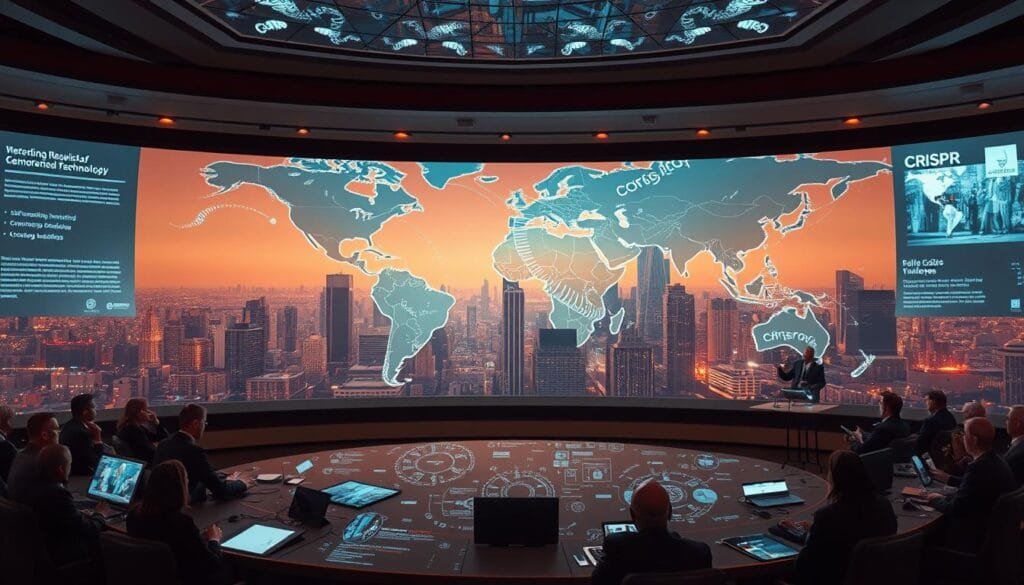 A panoramic vista of a global regulatory framework overseeing genetic editing technologies. In the foreground, a panel of experts deliberating, surrounded by holographic displays and projection screens. The middle ground features an abstract visualization of CRISPR gene sequences, intertwined with stylized icons representing international treaties, policy guidelines, and ethical codes. In the background, an atmospheric cityscape with towering skyscrapers, representing the intersection of science, industry, and governance. Warm lighting casts a contemplative tone, as the scene conveys the complex web of challenges in governing this emerging field.