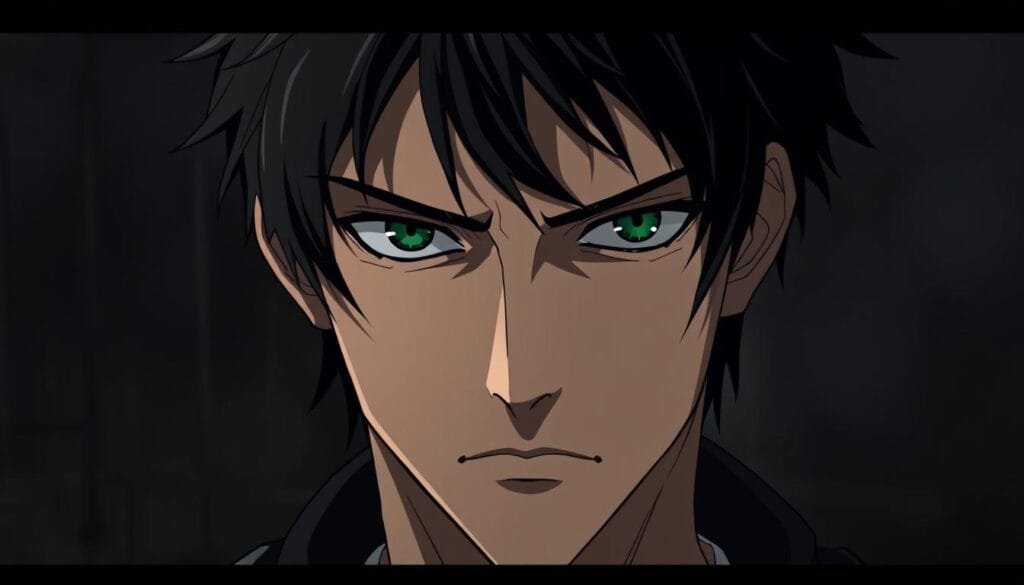 A pensive Eren Jaeger gazing introspectively, his intense green eyes radiating determination and a hint of torment. His chiseled features set in a pensive expression, framed by unruly dark hair. The lighting is dramatic, casting deep shadows that accentuate the angular planes of his face, hinting at the complex psychology that drives his actions. The background is a blur of muted, somber tones, allowing the viewer to focus solely on Eren's arresting presence and the depth of his inner turmoil. The overall mood is one of brooding intensity, capturing the psychological depth and moral ambiguity that defines Eren's character.