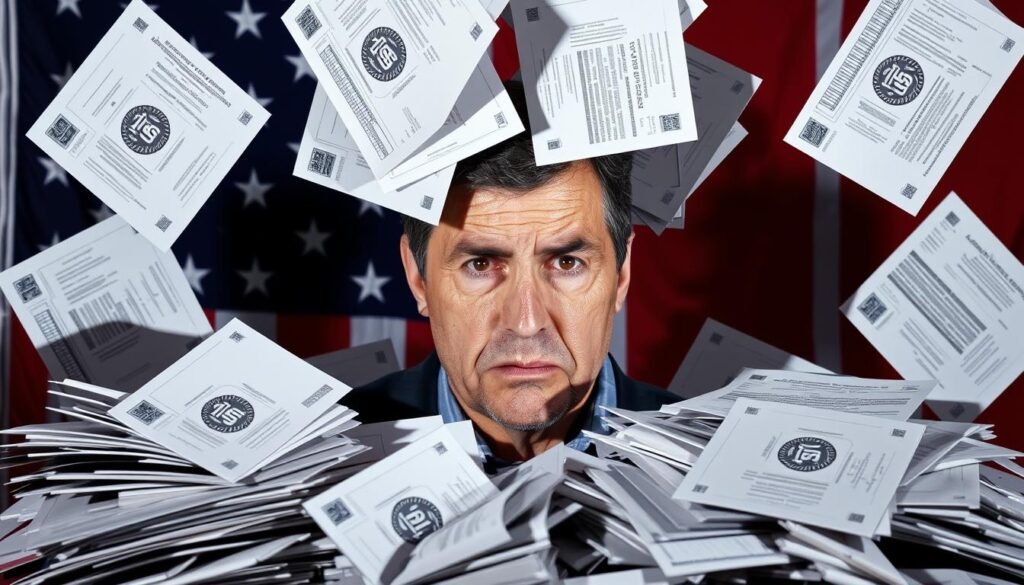 A photo of IRS tax form notifications cascading down over a worried-looking American taxpayer, set against a backdrop of the United States flag. The foreground depicts a pile of official-looking envelopes and documents with the IRS logo, casting an ominous shadow over the taxpayer's face. The middle ground shows the taxpayer, their expression one of stress and anxiety, surrounded by the deluge of tax-related paperwork. The background features the stars and stripes of the American flag, suggesting the national scale and impact of this tax-related issue. The lighting is harsh, creating dramatic contrasts and shadows that heighten the sense of burden and concern. The overall tone is one of financial duress and the stressful consequences of a mathematical error for individual U.S. taxpayers.