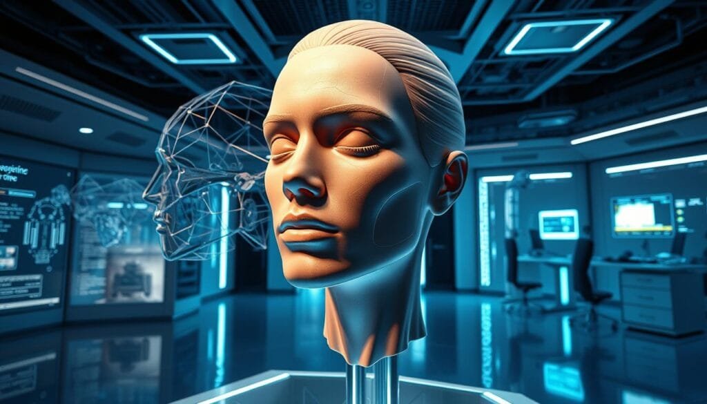 A photorealistic 3D rendering of a step-by-step facial reconstruction process using artificial intelligence. The foreground shows a detailed, high-resolution digital model of a female face gradually taking shape, with various anatomical elements like the bone structure, musculature, and skin texture being constructed layer by layer. The middle ground features a futuristic, minimalist user interface with advanced AI tools, algorithms, and data visualizations. The background depicts a sleek, clinical laboratory environment with advanced scanning equipment, workstations, and holographic displays. Dramatic lighting casts dramatic shadows, while a cool, blue-tinted color palette evokes a sense of scientific precision and innovation. Convey a sense of awe and wonder at the power of AI to recreate a face with such lifelike realism.