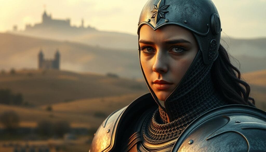 A photorealistic digital painting of Joan of Arc, a legendary French military leader, in the style of a modern AI-generated historical recreation. The scene depicts Joan in medieval battle armor, her face illuminated by a warm, ambient light. Detailed textures and intricate metallic surfaces create a sense of depth and realism. The background features a hazy, atmospheric landscape with rolling hills and a distant castle, suggesting the strategic nature of her campaigns. The overall composition conveys a powerful, pensive mood, highlighting how an AI might analyze and interpret this iconic historical figure from a contemporary perspective.
