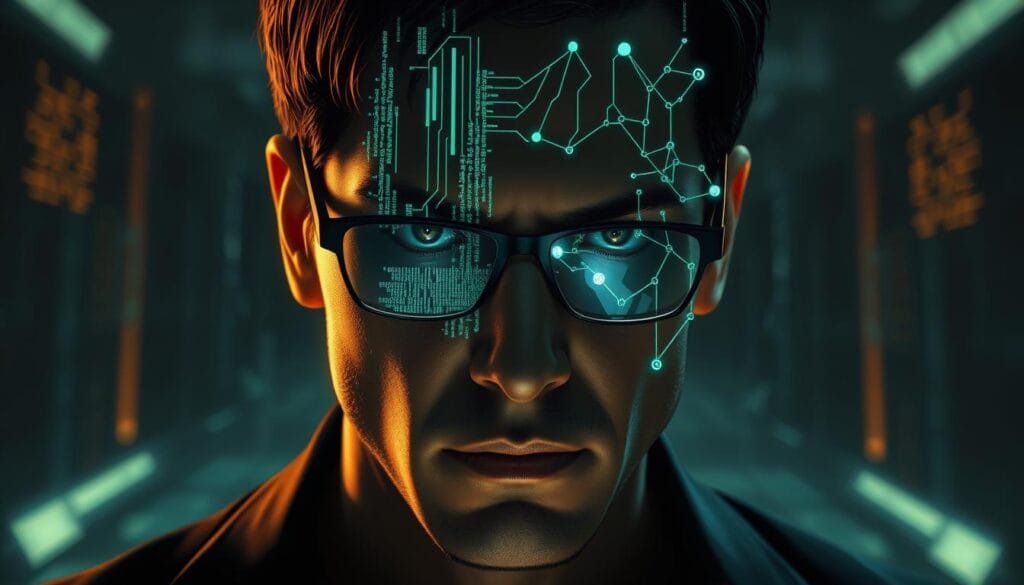 A photorealistic digital painting of a pensive, bespectacled Neo from The Matrix, his face partially obscured by a glowing, holographic display depicting complex AI algorithms and neural network diagrams. The scene is set against a dimly lit, futuristic backdrop with a sense of introspection and contemplation. Dramatic lighting accentuates the planes of Neo's face, creating an atmosphere of deep thought and analysis. The overall mood is one of a man grappling with the implications of artificial intelligence and his own role within the Matrix system.