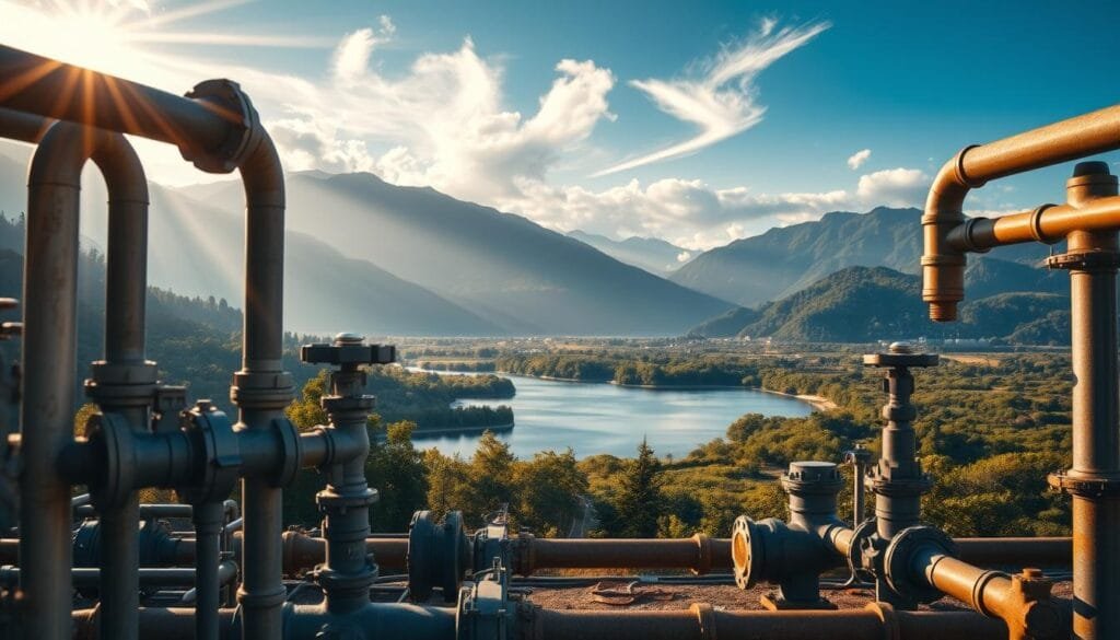 A picturesque landscape showcasing the challenges of water resource management. In the foreground, a network of pipes and valves representing complex water distribution systems. In the middle ground, a serene lake surrounded by lush greenery, symbolizing the natural water sources. The background features towering mountains, evoking the need to conserve and protect watersheds. Warm, golden lighting filters through wispy clouds, creating a contemplative atmosphere. The scene conveys the delicate balance between human infrastructure and the fragile natural environment, highlighting the critical importance of sustainable water resource management.