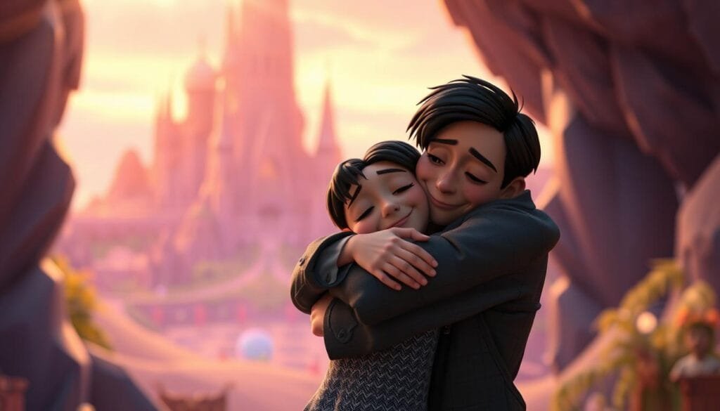 A poignant scene from a Pixar film, captured in rich, cinematic detail. In the foreground, a heartfelt embrace between two beloved characters, their expressions conveying a profound emotional connection. The middle ground features a visually stunning, vibrant backdrop, hinting at the narrative's fantastical and imaginative world. Soft, warm lighting illuminates the scene, creating a sense of intimacy and wonder. The camera angle is carefully composed, allowing the viewer to fully immerse themselves in the moment, feeling the weight of the characters' shared journey. The overall atmosphere radiates a bittersweet melancholy, reflecting the complex, nuanced emotions that Pixar films are renowned for evoking.
