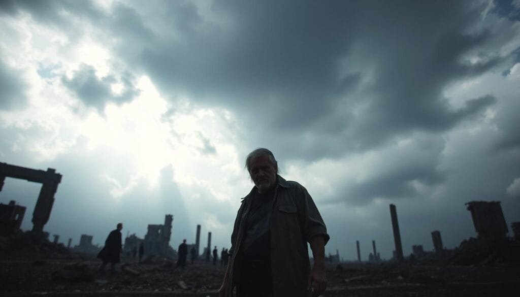 A post-apocalyptic scene of a lone, weary leader standing among the ruins, critically evaluating their next move. Ominous clouds loom overhead, casting a somber tone. The leader's face is partially obscured, conveying the weight of their decisions. In the background, faint silhouettes suggest the presence of threatened survivors. The lighting is dramatic, with pools of light and shadow emphasizing the gravity of the situation. The camera angle is low, emphasizing the leader's stature and the vastness of the devastation surrounding them. The overall atmosphere is one of contemplation, tension, and the looming uncertainty of the apocalypse.