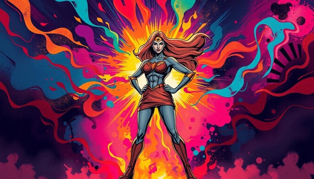 A powerful and empowered female superhero stands in a vibrant, dynamic pose, her figure etched in bold lines against a backdrop of swirling, colorful abstractions that suggest the rich tapestry of modern pop culture. Bursts of energy, shimmering hues, and a sense of bold, transformative energy fill the frame, capturing the spirit of feminine strength and the cultural impact of this iconic heroine. Dramatic lighting casts dramatic shadows, emphasizing the heroine's confident, resolute stance, while the overall composition exudes a sense of empowerment, inspiration, and the ability to transcend boundaries.