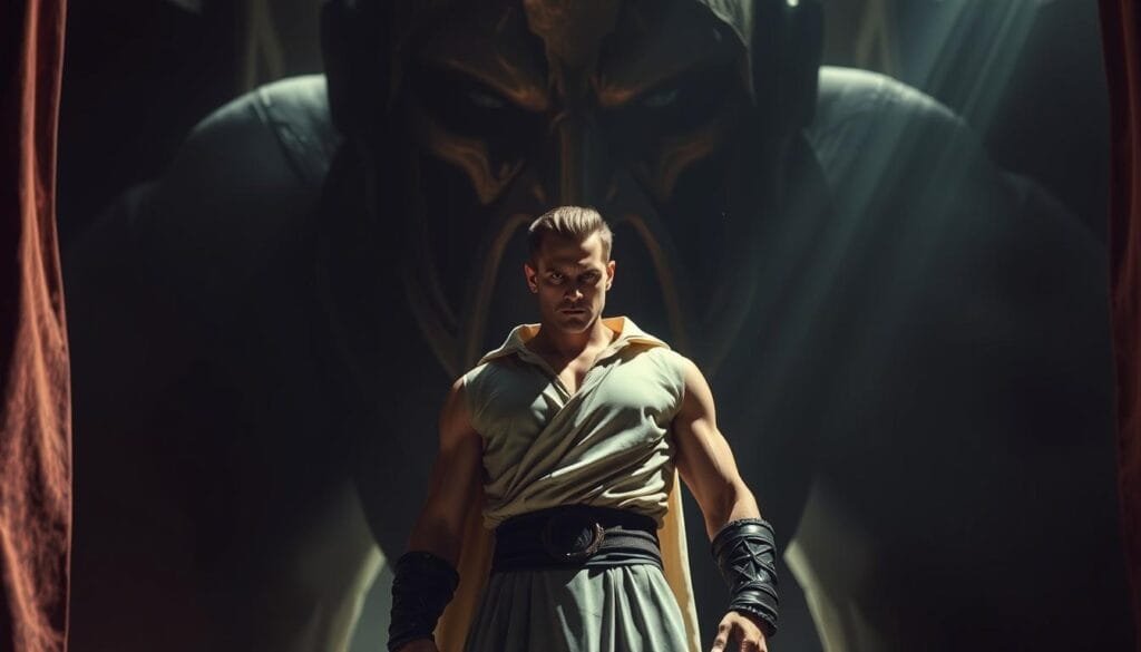 A powerful figure stands at the center, their expression and pose conveying a complex mix of heroism and villainy. Dramatic lighting casts deep shadows, highlighting the tension between light and dark. In the background, a colossal, titan-like form looms, its gaze intense and unreadable. The scene is charged with a sense of conflict and moral ambiguity, inviting the viewer to ponder the nature of heroism and the lines between good and evil.