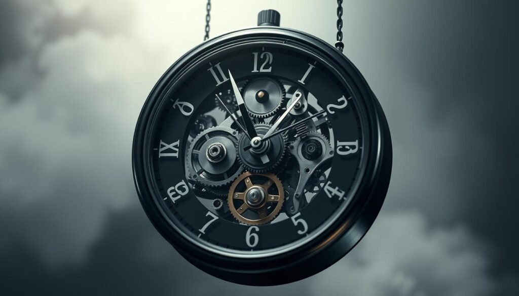 A precise digital clock face suspended in a serene, contemplative atmosphere. The clock mechanisms are meticulously rendered, revealing the intricate interplay of gears and components that govern the passage of time. The hands gracefully sweep across the dial, capturing the relentless, yet fluid, nature of temporal measurement. Diffused lighting bathes the scene, creating a sense of timelessness and introspection. In the background, a soft, ethereal gradient evokes the subjective, personal experience of time's flow, hinting at the psychological and physiological factors that shape our perception of its passage.
