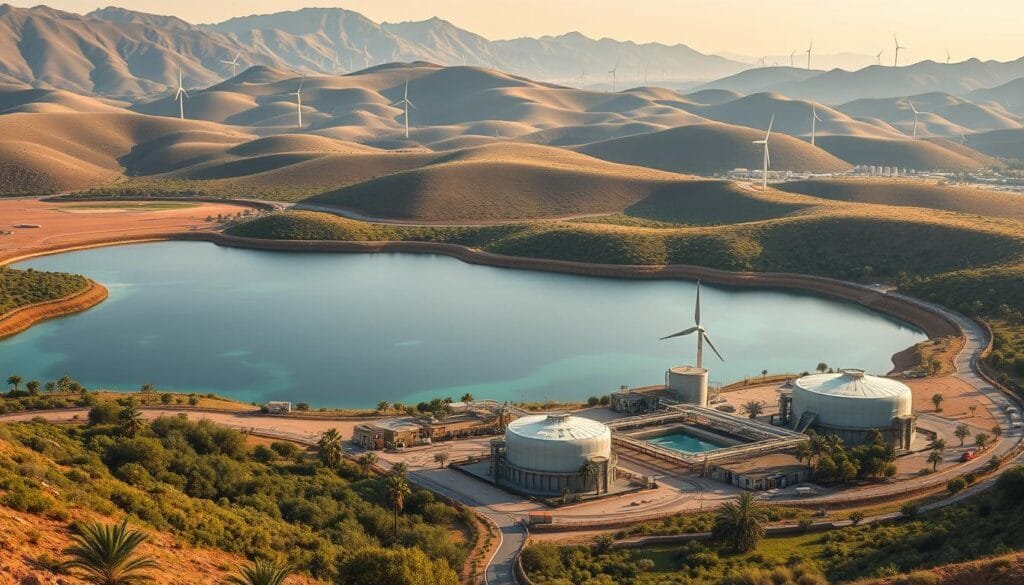 A pristine freshwater lake nestled amidst a lush, verdant landscape. In the foreground, a cutting-edge desalination plant harnesses renewable energy to convert saltwater into potable freshwater, its sleek, modern architecture blending seamlessly with the natural setting. Innovative water storage and distribution systems crisscross the scene, delivering life-giving liquid to nearby communities. In the background, rolling hills dotted with towering wind turbines and solar panels reflect the region's commitment to sustainable energy solutions. The entire composition is bathed in warm, golden light, conveying a sense of harmony between technology and nature, and the promise of a future where freshwater scarcity is a thing of the past.