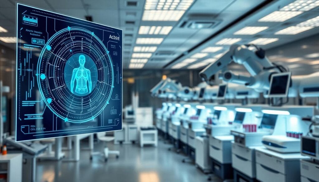 A pristine medical laboratory filled with advanced medical technology. In the foreground, a holographic display shows a complex algorithm visualizing patient data. In the middle ground, sleek robotic arms precisely manipulate medical samples. The background features rows of state-of-the-art diagnostic equipment, casting a warm, clinical glow. The scene conveys a sense of innovation, precision, and personalized healthcare, reflecting the future of medicine.