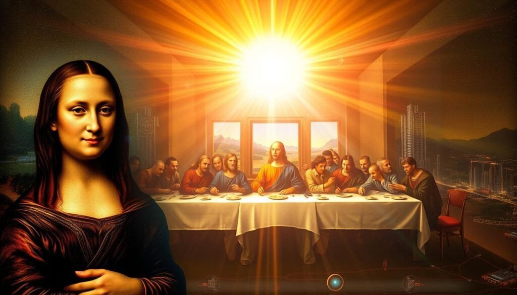A radiant, innovative artistic masterpiece showcasing the intersection of traditional techniques and cutting-edge digital technologies. In the foreground, a hyper-realistic, luminous depiction of the iconic Mona Lisa painting, her enigmatic expression subtly infused with a modern, futuristic energy. The middle ground features a dynamic, holographic rendition of Leonardo da Vinci's The Last Supper, its biblical figures transforming into sleek, cyberpunk avatars. The background depicts a dreamlike cityscape, towering skyscrapers and luminous, neon-tinged landscapes melding the Renaissance era and the 21st century. A mesmerizing fusion of old and new, the image conveys a visionary, awe-inspiring message of artistic innovation.