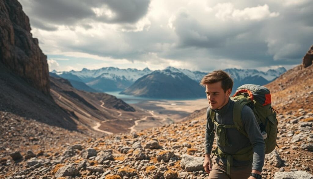 A remote, rugged landscape under a dramatic sky. In the foreground, a lone adventurer navigates treacherous terrain, equipped with essential survival gear - a sturdy backpack, a compass, and a portable water filtration system. Shadows cast by towering cliffs suggest the challenges of the environment. The adventurer's face is determined, eyes scanning the horizon for the next obstacle to overcome. In the middle ground, a winding mountain trail winds through a harsh, windswept valley. In the distance, imposing snow-capped peaks rise, hinting at the extreme conditions the adventurer must endure. The lighting is natural, with warm tones suggesting the golden hour. The overall mood is one of resilience, problem-solving, and the triumph of the human spirit in the face of adversity.