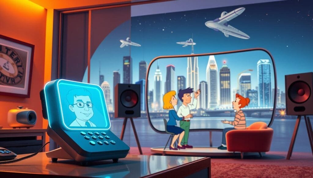 A retro-futuristic scene depicting the evolution of video calls, from the cartoon classic "The Jetsons" to the modern-day Zoom. In the foreground, a sleek, holographic videophone circa 2022 hovers above a desk, reflecting the user's face. In the middle ground, a family of the future gathers around a larger, curved display, gesturing and conversing in a lively, holographic video call. In the background, a cityscape of gleaming skyscrapers and flying cars evokes the futuristic world of "The Jetsons", symbolizing the progression from analog to digital communication. The lighting is a warm, saturated palette, creating an atmospheric and nostalgic mood. The overall composition blends retro-futuristic design elements with modern video conferencing technology, bridging the gap between science fiction and reality.