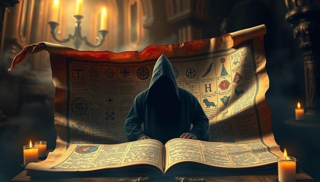 A richly textured parchment scroll unfurls, revealing a fantastical codex illustration of Voynich Manuscript symbols. Intricate line work and vibrant, otherworldly colors dance across the aged vellum, evoking a sense of ancient mystery and hidden knowledge. In the middle ground, a shadowy figure in a hooded robe examines the arcane pages, their face obscured, suggesting the codex's deep connection to esoteric beliefs and the occult. The background is hazy, with swirling mists and a dimly lit, candle-lit chamber, creating an atmospheric, enigmatic mood. Soft, directional lighting illuminates the codex, casting dramatic shadows and highlighting the script's intriguing illegibility. The overall scene captures the Voynich Manuscript's enduring influence on popular culture and the human fascination with the unknown.