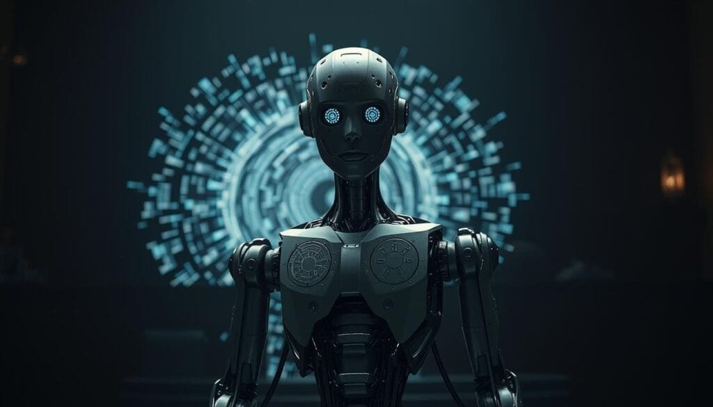 A robotic figure stands in the foreground, its metallic frame and articulated limbs conveying a sense of power and complexity. The robot's "face" is an intricate array of sensors and displays, hinting at its advanced cognitive capabilities. Behind it, a swirling vortex of binary code and glowing circuitry fills the middle ground, representing the digital realm in which this "legal personality" exists. In the distant background, a dimly lit courtroom setting suggests the legal framework within which this robotic entity is being considered. Soft, directional lighting illuminates the scene, casting dramatic shadows and highlighting the technological details. The overall mood is one of contemplation and inquiry, inviting the viewer to ponder the philosophical and legal implications of granting rights to advanced artificial intelligences.