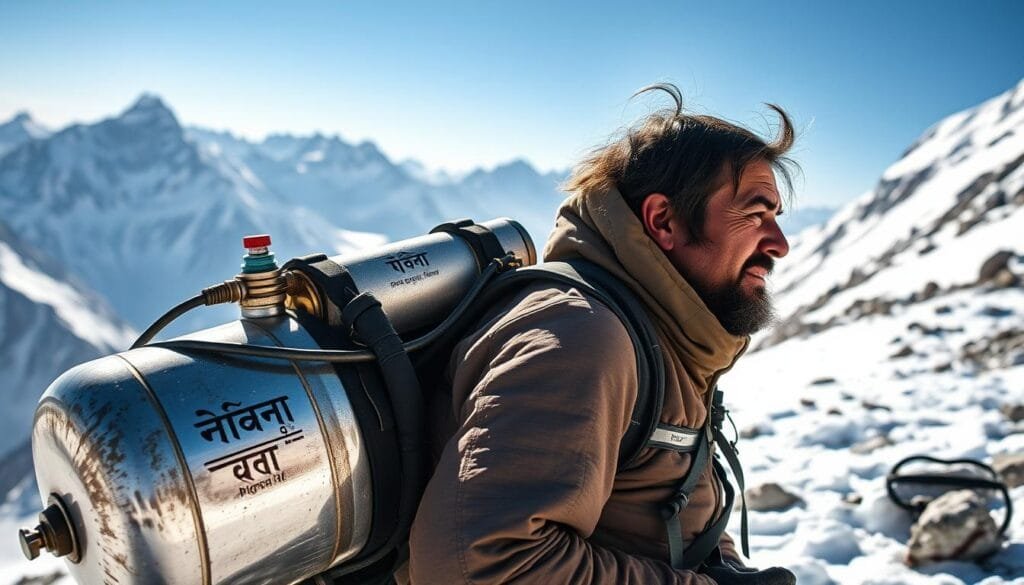 A rugged Sherpa carrying a heavy tank of bottled oxygen on his back, ascending the snow-capped slopes of Everest in Nepal. The tank is labeled in Nepali script, its metallic exterior gleaming in the crisp, high-altitude sunlight. In the background, the majestic Himalayan peaks tower, their serrated ridges etched against a brilliant azure sky. The scene conveys the essential role of supplemental oxygen in enabling human exploration of the world's highest reaches, where the air grows thin and unbreathable. A sense of toil and determination pervades the image, as the Sherpa trudges onward, his path leading to the ultimate challenge of the mountain.