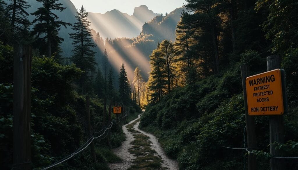 A rugged, heavily forested landscape with towering mountains in the background. In the foreground, a narrow dirt path winds its way through dense vegetation, indicating restricted access. Tall, weathered fences and warning signs flank the path, signaling the boundaries of a protected zone. Shafts of golden light filter through the canopy, casting an air of mystery and remoteness. The overall scene conveys a sense of wilderness, isolation, and the challenges of exploring these untamed, off-limits territories.