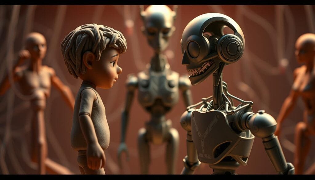A seamless transition from the tactile, handcrafted world of stop-motion animation to the sleek, digital realm of CGI. In the foreground, a clay figure effortlessly morphs into a 3D computer-generated character, its textures shifting from rough to smooth, its movements flowing with photorealistic precision. In the middle ground, a backdrop of intricate puppet joints and wire armatures gradually dissolves, yielding to a meticulously crafted CGI environment. Vibrant lighting accentuates the interplay between the physical and the virtual, creating a sense of wonder and technical marvel. The overall atmosphere conveys the evolution of visual effects, where the boundaries between the tangible and the digital blur, culminating in a seamless fusion of artistic disciplines.