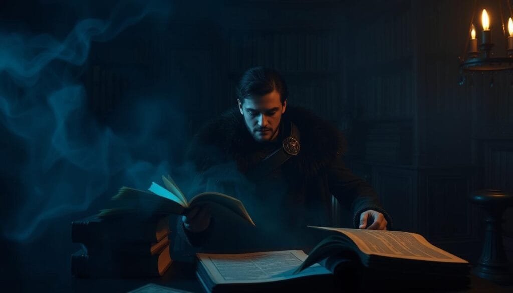A secretive and ancient lineage, the origins of Jon Snow shrouded in mystery. In a dimly lit library, aged tomes and parchments reveal the hidden truth - the heir to a forgotten throne, his destiny intertwined with the fate of Westeros. Ethereal blue light casts a somber glow, as ghostly whispers echo through the shadows, hinting at the powerful, otherworldly forces that have guided Jon's path. A sense of foreboding and destiny hangs heavy in the air, hinting at the monumental battles and sacrifices that await the young would-be king.